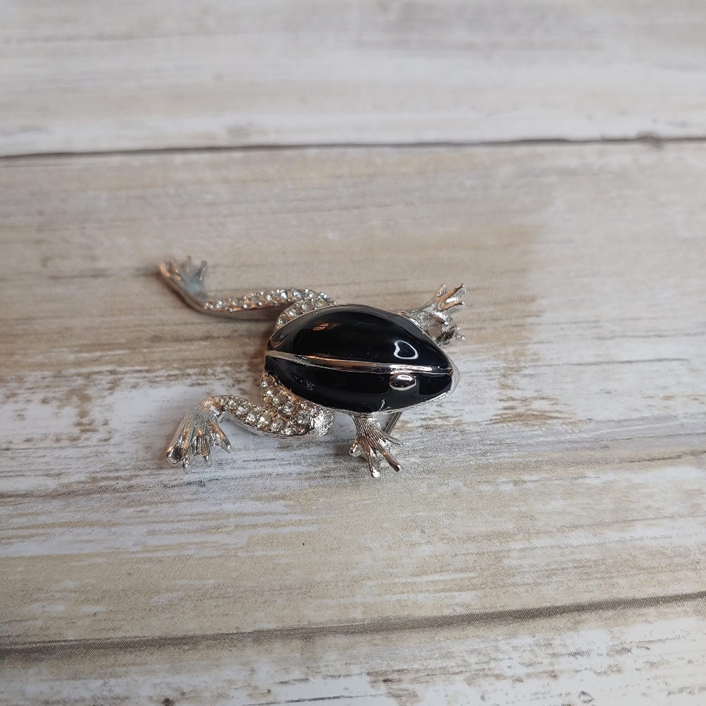 Onyx frog brooch